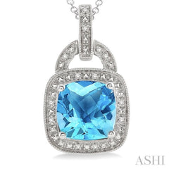 10x10 MM Cushion Shape Blue Topaz and 1/20 ctw Single Cut Diamond Pendant in Sterling Silver with Chain