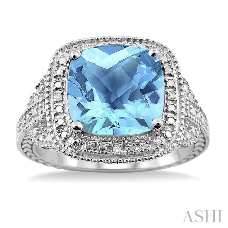 10x10 MM Cushion Shape Blue Topaz and 1/20 ctw Single Cut Diamond Ring in Sterling Silver