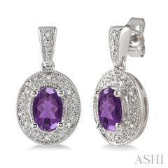 7x5 MM Oval Cut Amethyst and 1/20 ctw Single Cut Diamond Earrings in Sterling Silver