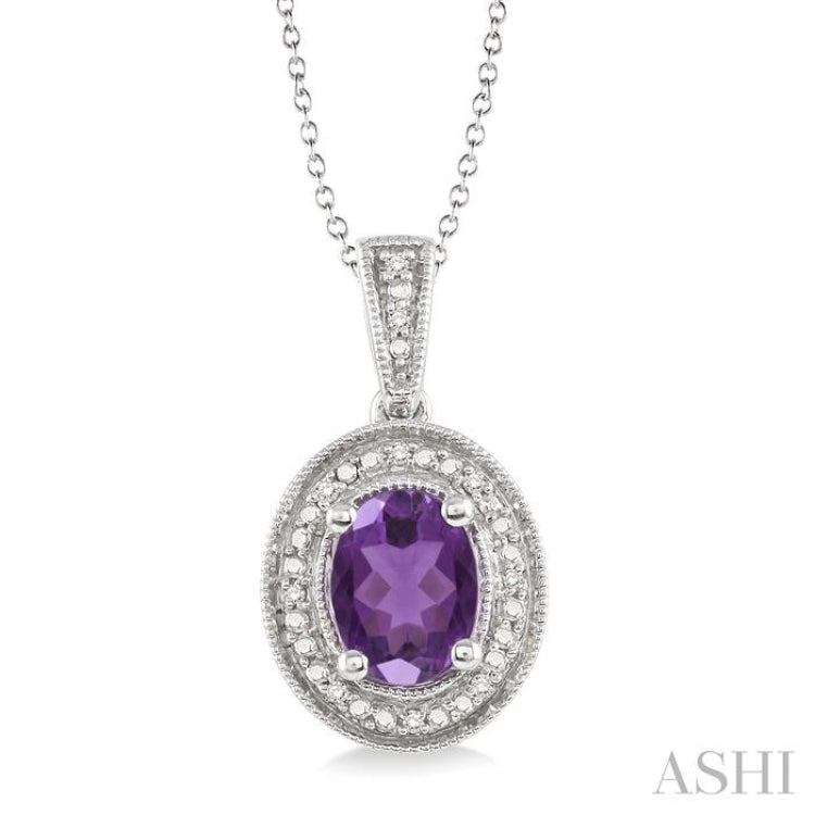 8x6 MM Oval Cut Amethyst and 1/20 ctw Single Cut Diamond Pendant in Sterling Silver with Chain