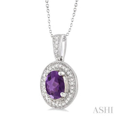8x6 MM Oval Cut Amethyst and 1/20 ctw Single Cut Diamond Pendant in Sterling Silver with Chain