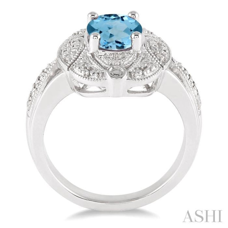 9x7 MM Oval Cut Blue Topaz and 1/50 ctw Single Cut Diamond Ring in Sterling Silver