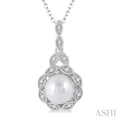 6.5x6.5 MM Cultured Pearl and 1/20 ctw Single Cut Diamond Pendant in Sterling Silver with Chain