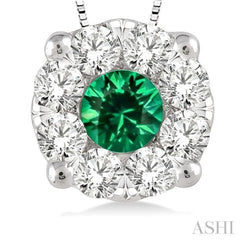 3.8 MM Round Cut Emerald and 1/3 ctw Lovebright Precious Pendant in 14K White Gold with Chain