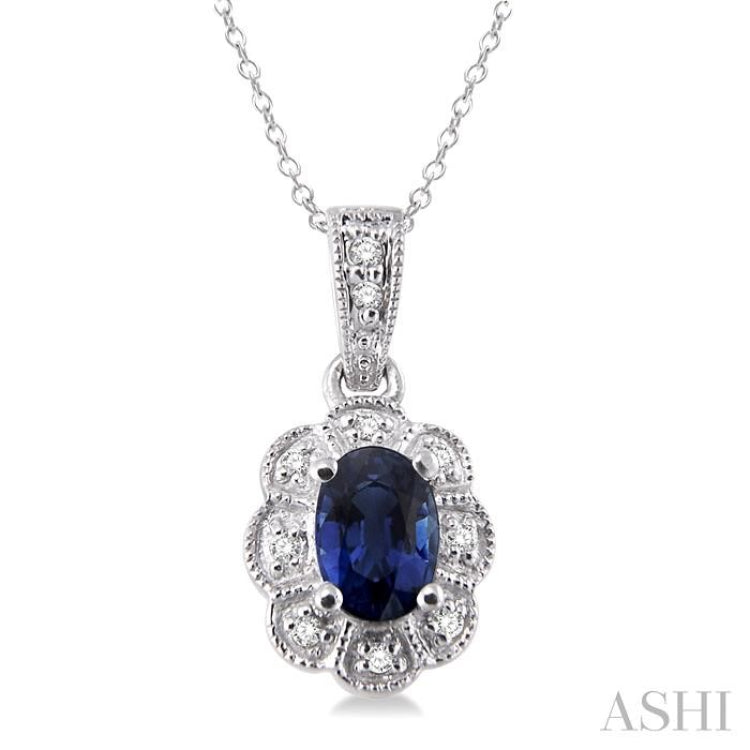 6x4 MM Oval Cut Sapphire and 1/20 ctw Single Cut Diamond Pendant in Sterling Silver with Chain