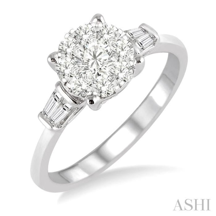 3/4 ctw Round and Baguette Diamond Lovebright Engagement Ring in 14K White Gold