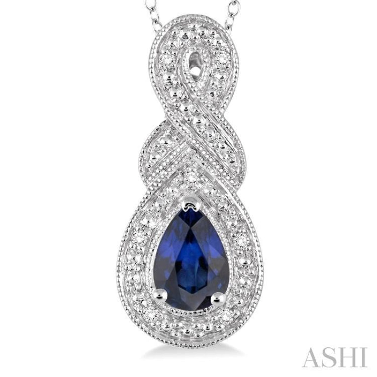 6x4 MM Pear Shape Sapphire and 1/50 ctw Round Cut Diamond Pendant in Sterling Silver with Chain