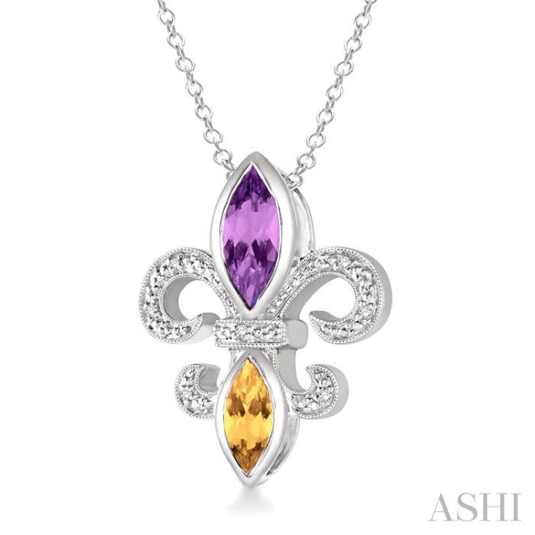 10x5 & 8x4 MM Marquise cut Amethyst and Citrine and 1/50 ctw Single Cut Diamond Fleur De Lis Pendant in Sterling Silver with Chain
