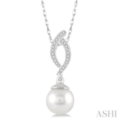 7x7 MM Round Cut Cultured Pearl and 1/20 ctw Round Cut Diamond Pendant in 10K White Gold with Chain