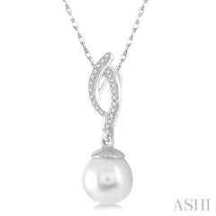 7x7 MM Round Cut Cultured Pearl and 1/20 ctw Round Cut Diamond Pendant in 10K White Gold with Chain