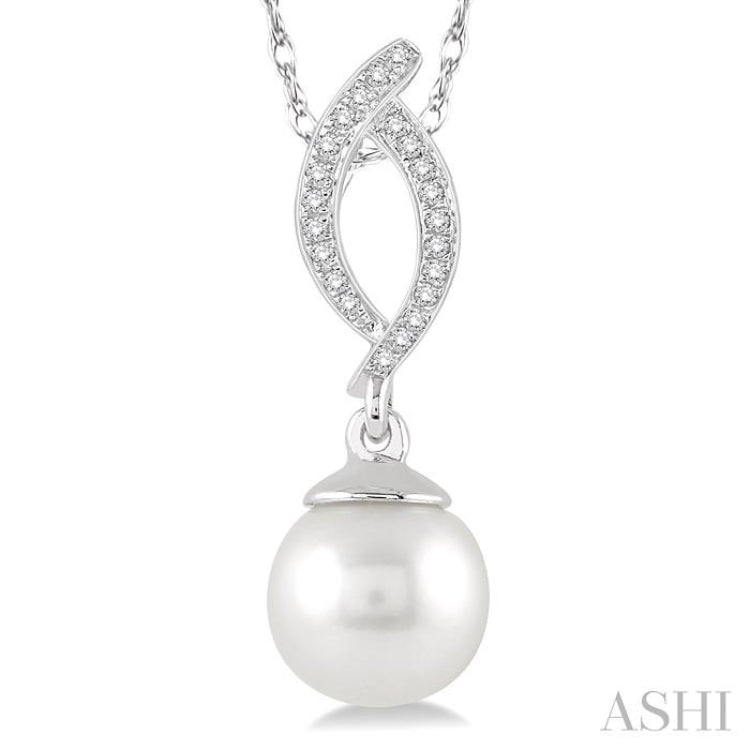 7x7 MM Round Cut Cultured Pearl and 1/20 ctw Round Cut Diamond Pendant in 10K White Gold with Chain