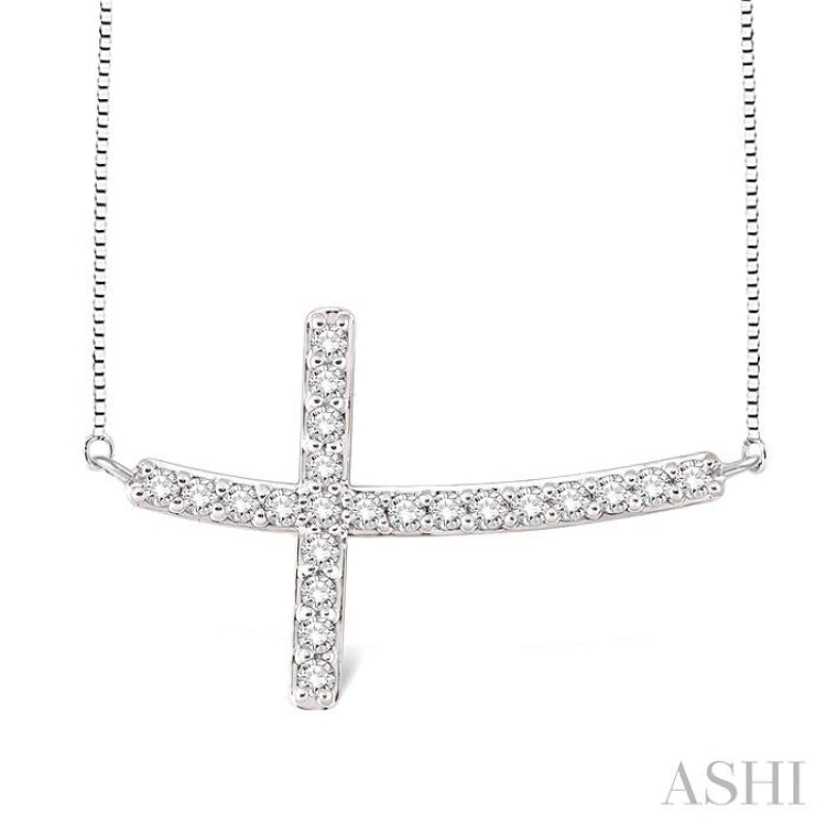 1/2 ctw Round Cut Sideway Cross Pendant in 14K White Gold with Chain