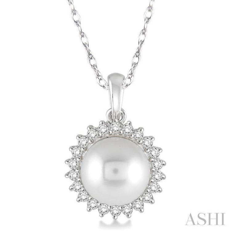 8x8 MM Round Shape Cultured Pearl and 1/5 ctw Round Cut Diamond Pendant in 14K White Gold with Chain
