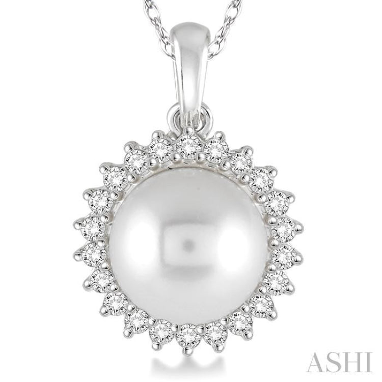 8x8 MM Round Shape Cultured Pearl and 1/5 ctw Round Cut Diamond Pendant in 14K White Gold with Chain