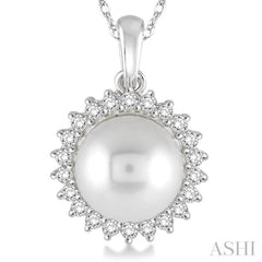 8x8 MM Round Shape Cultured Pearl and 1/5 ctw Round Cut Diamond Pendant in 14K White Gold with Chain