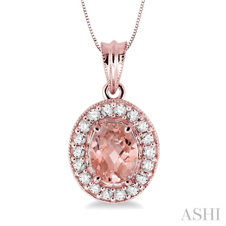 8x6 MM Oval Cut Morganite and 1/3 ctw Round Cut Diamond Pendant in 14K Rose Gold with Chain