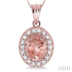 8x6 MM Oval Cut Morganite and 1/3 ctw Round Cut Diamond Pendant in 14K Rose Gold with Chain
