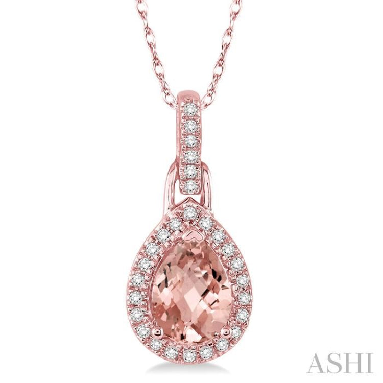 7x5 MM Pear Shape Morganite and 1/10 ctw Round Cut Diamond Pendant in 10K Rose Gold with Chain