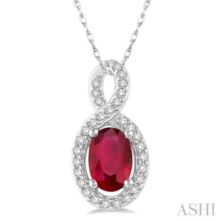 6x4 MM Oval Cut Ruby and 1/10 ctw Round Cut Diamond Pendant in 14K White Gold with Chain
