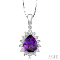 9x6 MM Pear Shape Amethyst and 1/10 ctw Round Cut Diamond Semi Precious Pendant in 10K White Gold