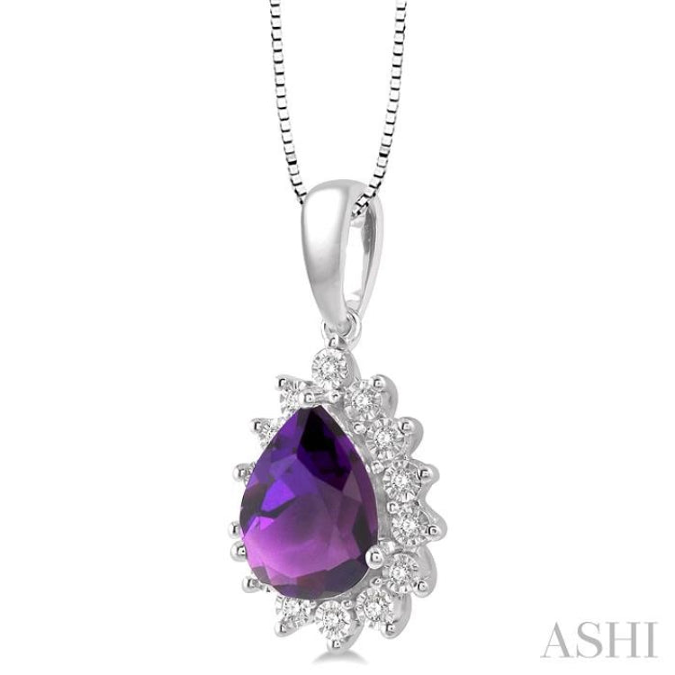 9x6 MM Pear Shape Amethyst and 1/10 ctw Round Cut Diamond Semi Precious Pendant in 10K White Gold