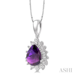 9x6 MM Pear Shape Amethyst and 1/10 ctw Round Cut Diamond Semi Precious Pendant in 10K White Gold