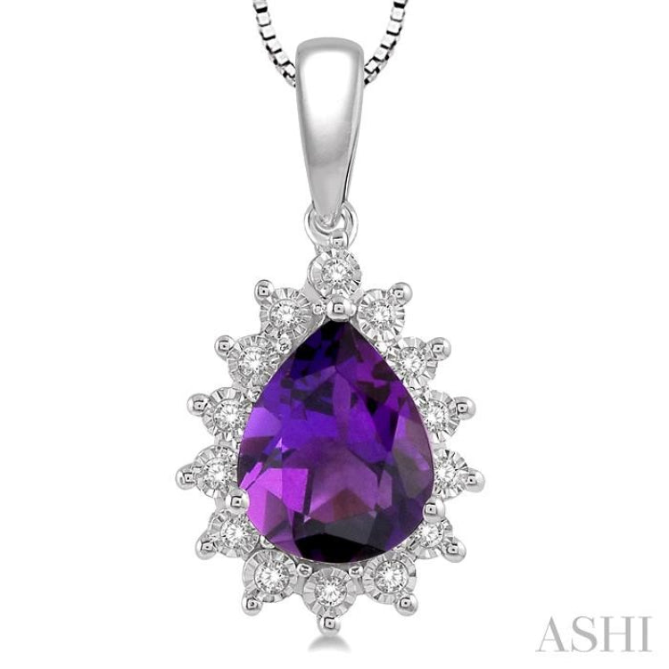 9x6 MM Pear Shape Amethyst and 1/10 ctw Round Cut Diamond Semi Precious Pendant in 10K White Gold