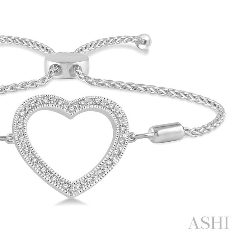 1/10 ctw Heart Charm Round Cut Diamond Sterling Silver Lariat Bracelet