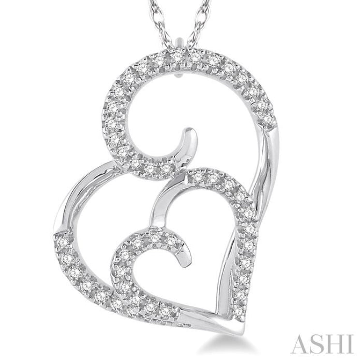 1/6 ctw Double Heart Round Cut Diamond Pendant With Link Chain in 10K White Gold