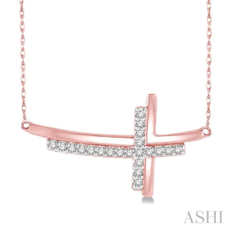 1/10 ctw Reclining Double Cross Round Cut Diamond Pendant With Link Chain in 10K Rose Gold