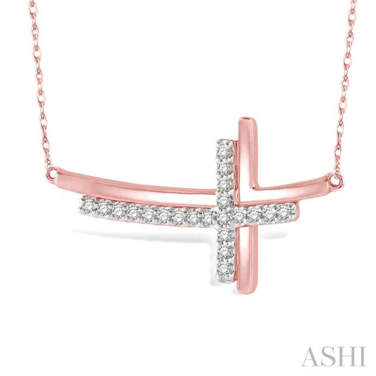 1/10 ctw Reclining Double Cross Round Cut Diamond Pendant With Link Chain in 10K Rose Gold