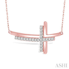 1/10 ctw Reclining Double Cross Round Cut Diamond Pendant With Link Chain in 10K Rose Gold