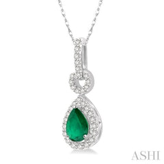 6x4 MM Pear Cut Drop Emerald and 1/6 ctw Round Cut Diamond Precious Pendant in 10K White Gold with chain