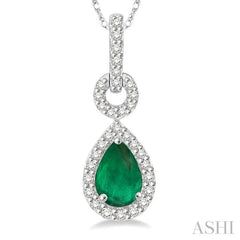 6x4 MM Pear Cut Drop Emerald and 1/6 ctw Round Cut Diamond Precious Pendant in 10K White Gold with chain