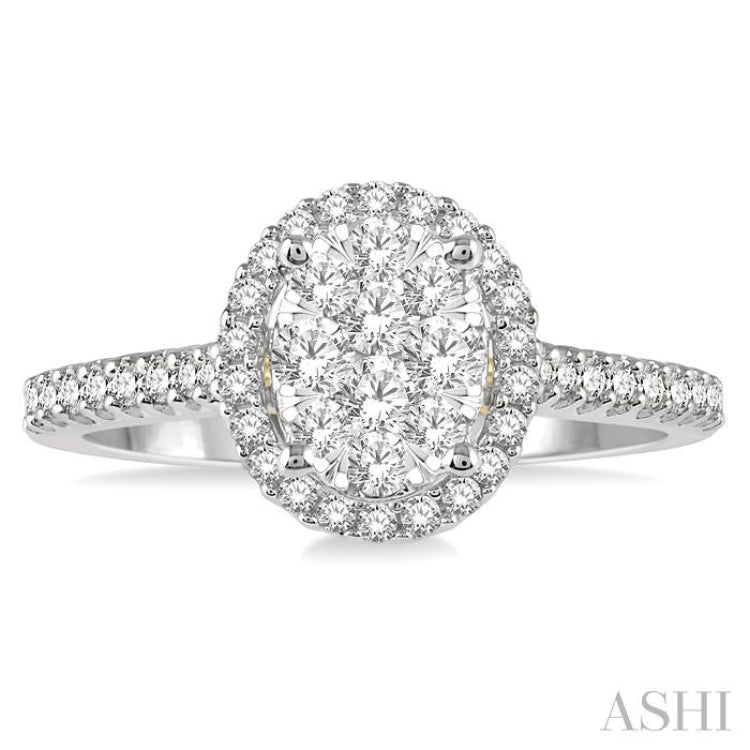 1/2 ctw Round Diamond Lovebright Oval Shape Halo Engagement Ring in 14K White and Yellow Gold