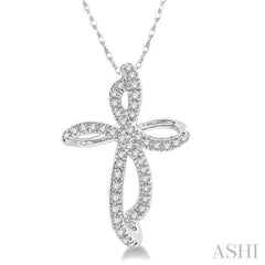 1/6 ctw Twirl Pattern Cross Round Cut Diamond Pendant With Link Chain in 10K White Gold