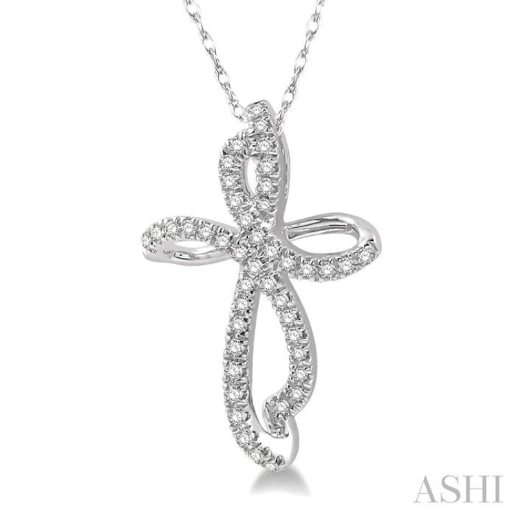 1/6 ctw Twirl Pattern Cross Round Cut Diamond Pendant With Link Chain in 10K White Gold