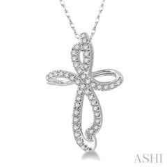 1/6 ctw Twirl Pattern Cross Round Cut Diamond Pendant With Link Chain in 10K White Gold