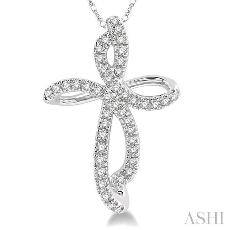 1/6 ctw Twirl Pattern Cross Round Cut Diamond Pendant With Link Chain in 10K White Gold