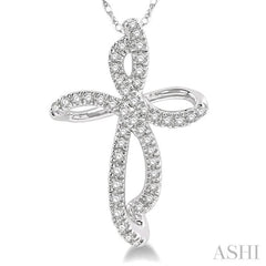 1/6 ctw Twirl Pattern Cross Round Cut Diamond Pendant With Link Chain in 10K White Gold