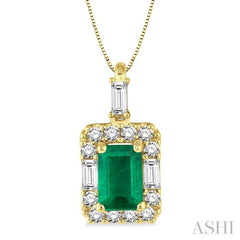 6x4 MM Octagon Cut Emerald and 1/3 ctw Round Cut Diamond Precious Pendant in 14K Yellow Gold with Chain