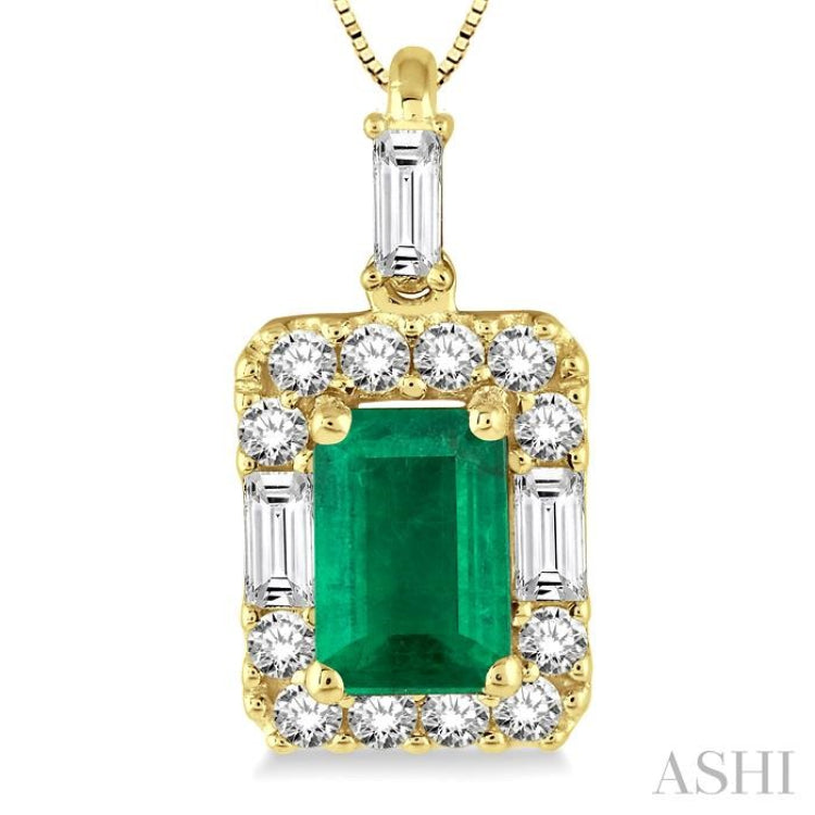 6x4 MM Octagon Cut Emerald and 1/3 ctw Round Cut Diamond Precious Pendant in 14K Yellow Gold with Chain