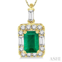 6x4 MM Octagon Cut Emerald and 1/3 ctw Round Cut Diamond Precious Pendant in 14K Yellow Gold with Chain