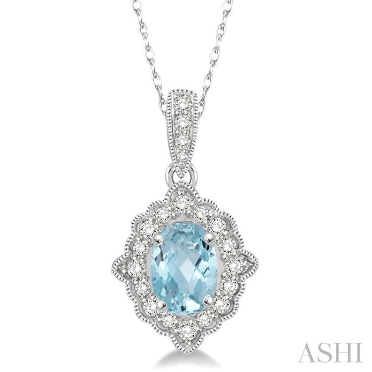 6x4 MM Ethnic Oval Cut Aquamarine and 1/6 ctw Round Cut Diamond Semi Precious Pendant in 10K White Gold with chian