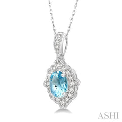 6x4 MM Ethnic Oval Cut Aquamarine and 1/6 ctw Round Cut Diamond Semi Precious Pendant in 10K White Gold with chian