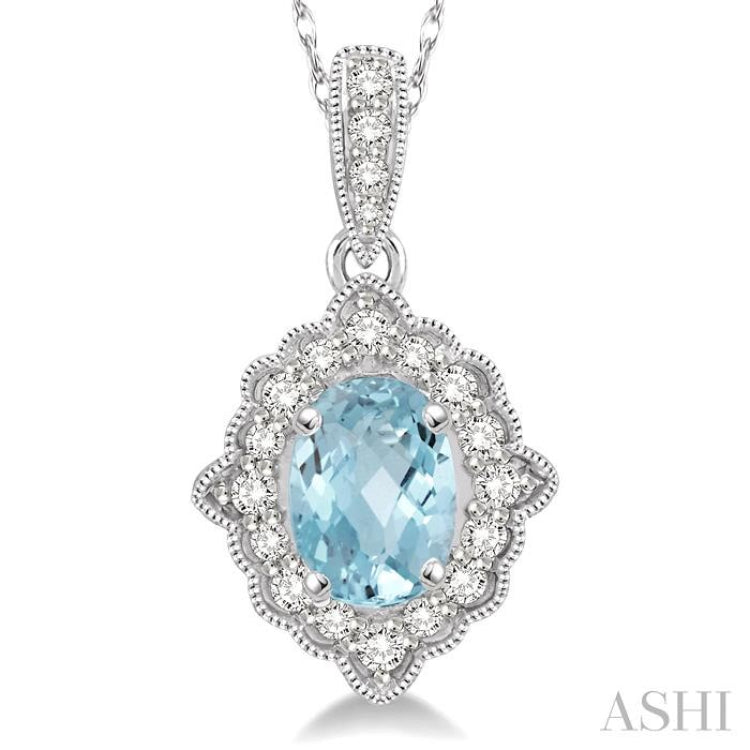 6x4 MM Ethnic Oval Cut Aquamarine and 1/6 ctw Round Cut Diamond Semi Precious Pendant in 10K White Gold with chian