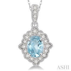 6x4 MM Ethnic Oval Cut Aquamarine and 1/6 ctw Round Cut Diamond Semi Precious Pendant in 10K White Gold with chian