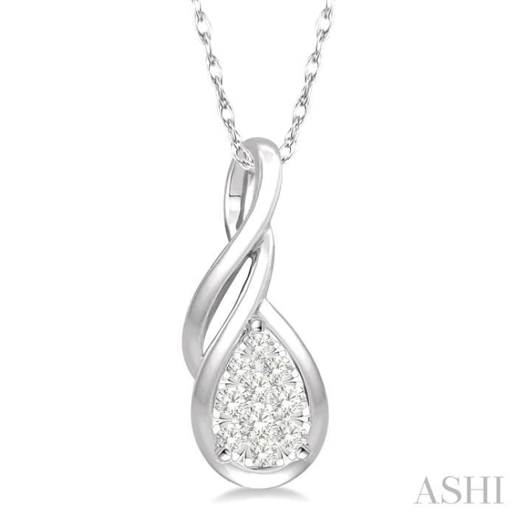 1/8 ctw Pear Shape Lovebright Entwined Wire Round Cut Diamond Pendant With Link Chain in 14K White Gold