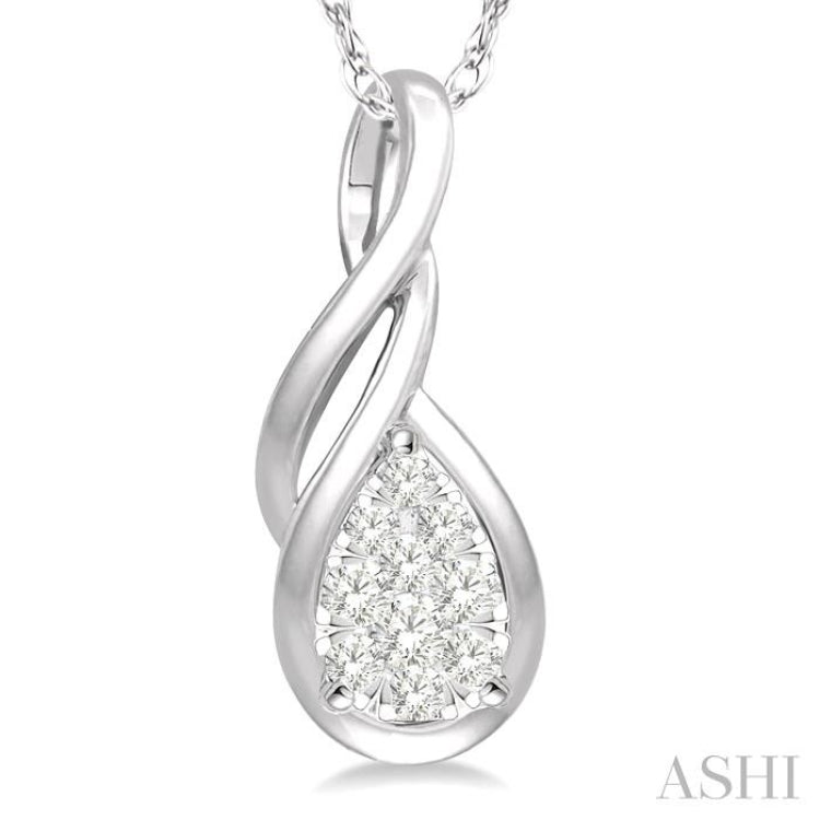 1/8 ctw Pear Shape Lovebright Entwined Wire Round Cut Diamond Pendant With Link Chain in 14K White Gold