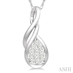 1/8 ctw Pear Shape Lovebright Entwined Wire Round Cut Diamond Pendant With Link Chain in 14K White Gold
